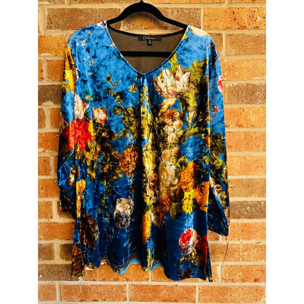 Calessa Blue Floral Patterned Long Sleeve Blouse